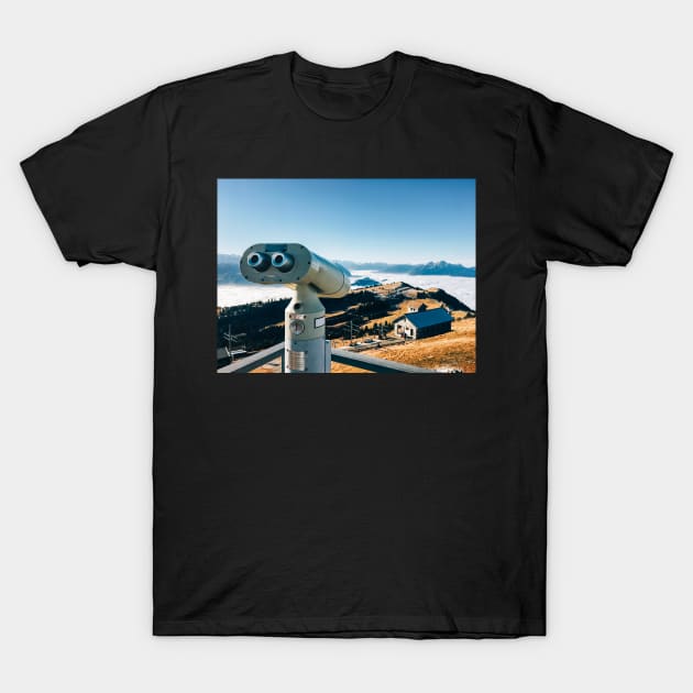 Switzerland - Binoculars on Mountain Viewpoint With Alpine Panorama T-Shirt by visualspectrum